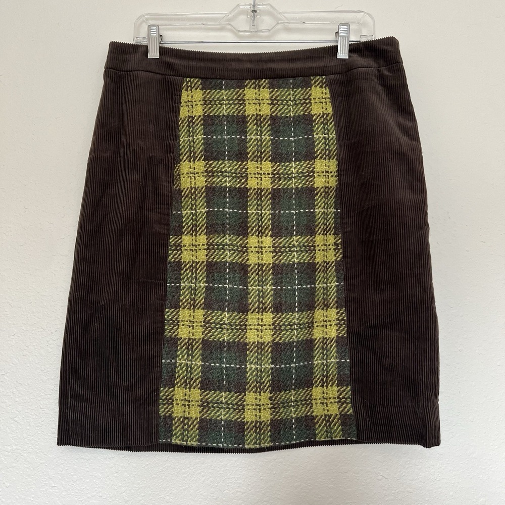 Anthropologie MAEVE Plaid Pencil Skirt Brown Corduroy & Lime Retro Y2K Size 12